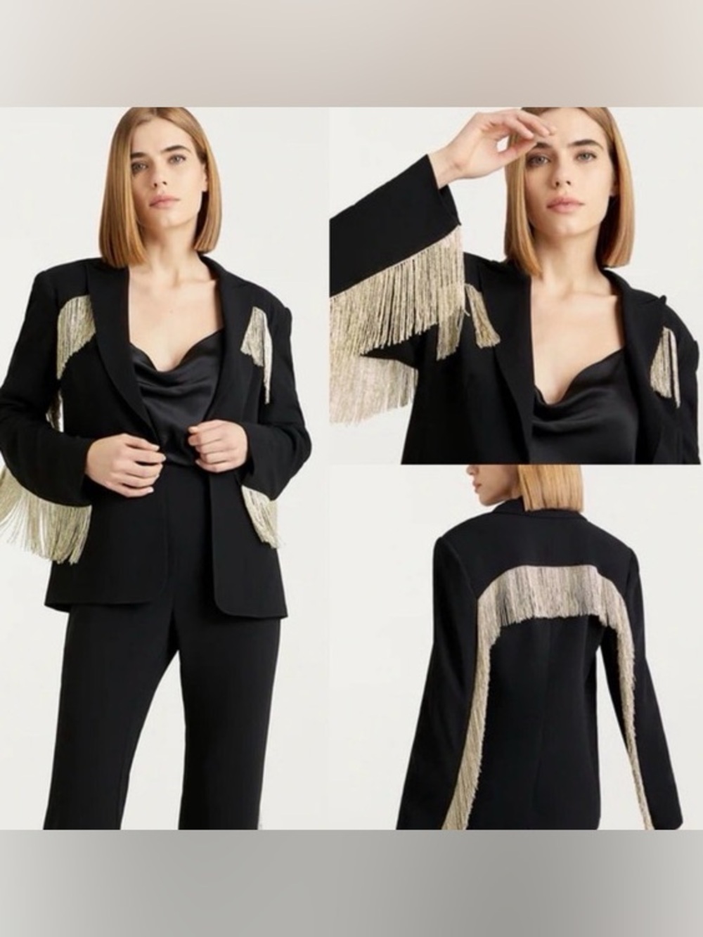 Cinq à Sept Ira Crystal Fringe Blazer Black Beaded Tuxedo Jacket Western 8